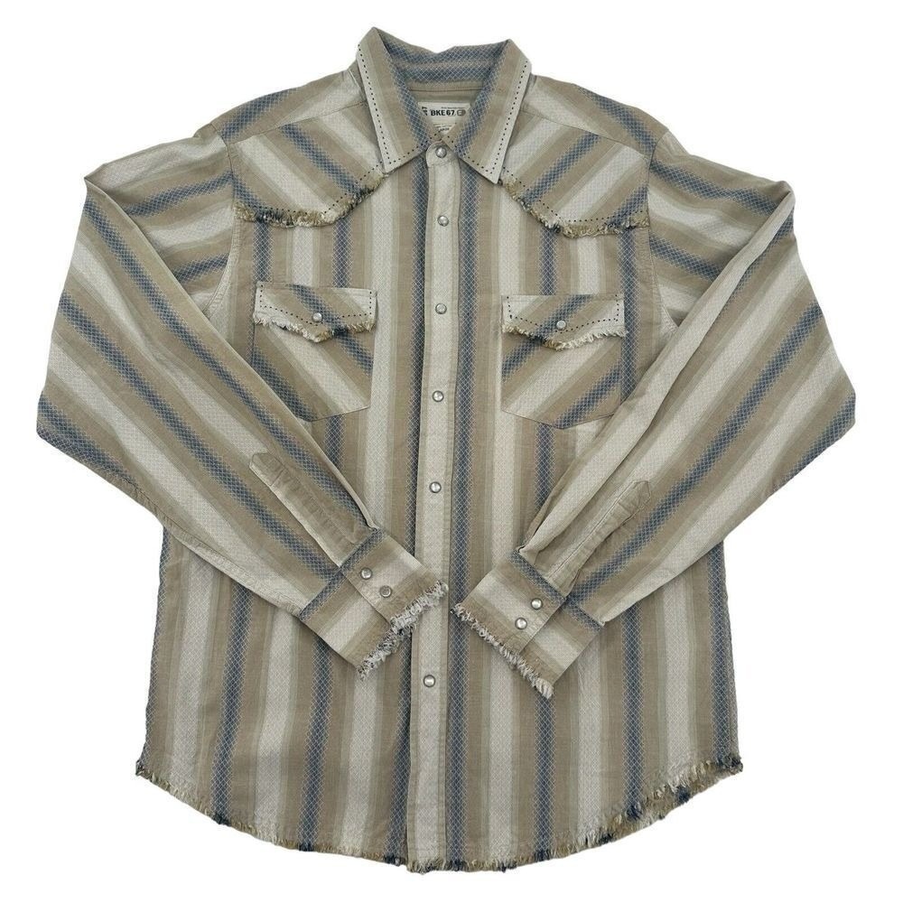 BKE 67 Men Large Western Pearl Snap Shirt Tan Striped Frayed Raw Hem Distressed